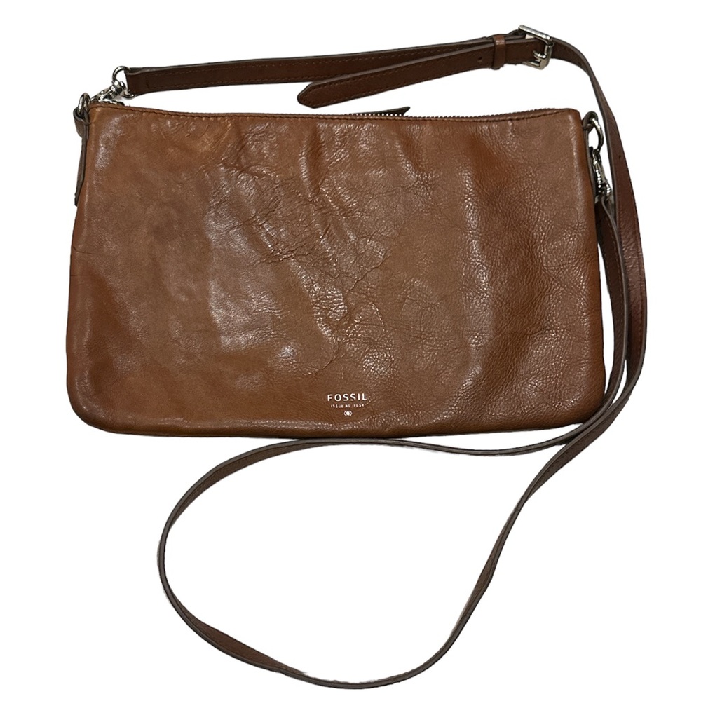 FOSSIL Carmel Brown Leather Crossbody Distressed GUC Square Organizer Bag